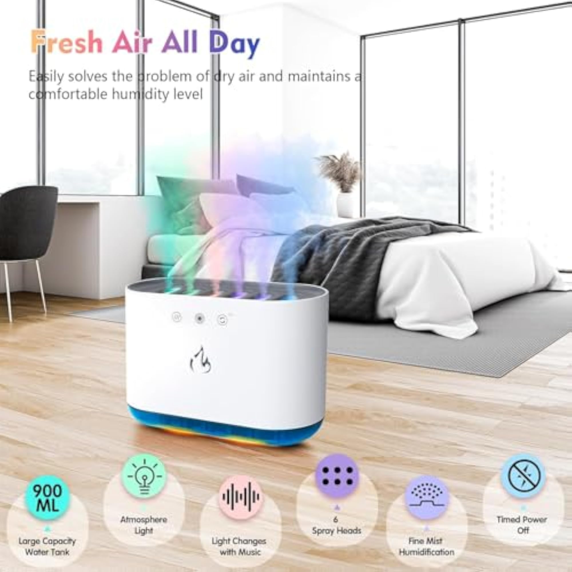 Air Humidifier 900ml Aroma Diffuser with 6 Nozzles and LED Lights