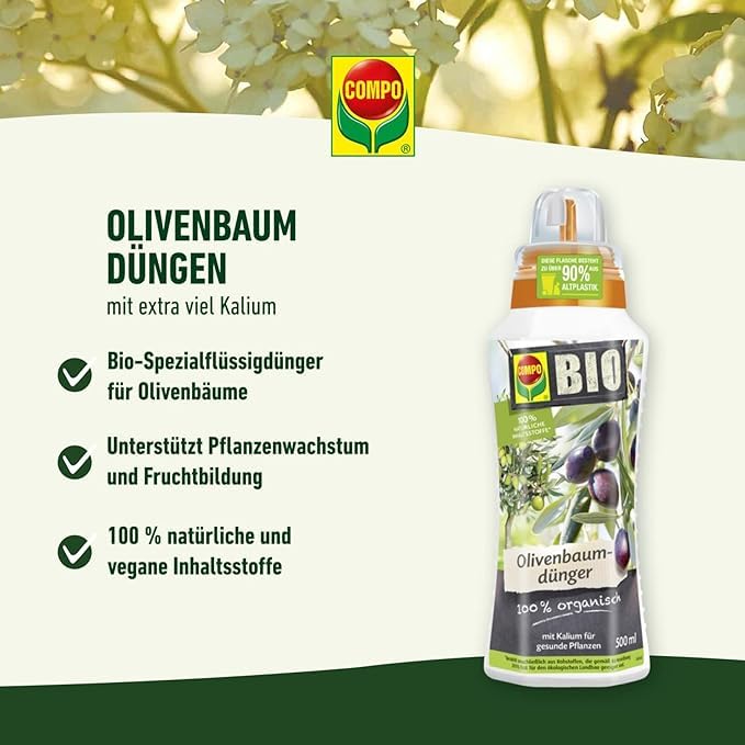 COMPO BIO Olivenbaumdünger – Olivenbäume düngen mit 100 Prozent natürlichen Inhaltsstoffen – Spezial-Flüssigdünger – 500 ml