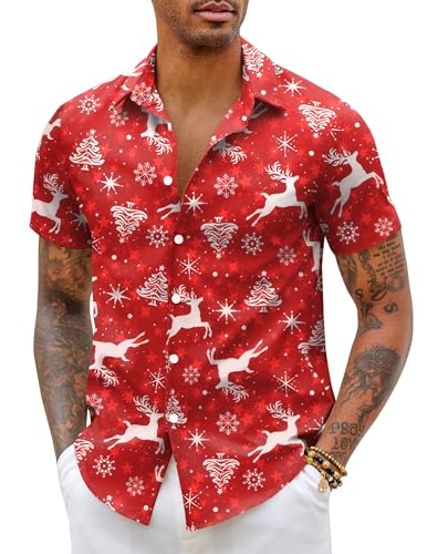 COOFANDY Weihnachtshemd Herren Weihnachtsshirt Kurzarm Weihnachten Hemd Xmas Shirt Funky Christmas Print Weihnachtsmann Hemd Christmas Freizeithemd Männer Rot-A S