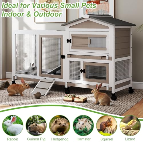 2 Story Rabbit Hutch Outdoor Indoor, Wooden Bunny Cage with 6 Lockable Wheels, 3 Removable No Leakage Pull Out Trays, Chew-Proof Ramp & Waterproof Roof, Ideal for Rabbit & Guinea Pig - Image 4