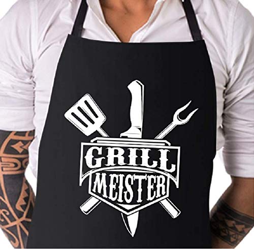 ELANI ® Grillschürze | GRILLMEISTER | Grillschürze für Männer | inklusive nachhaltigem Geschenk Baumwollbeutel | Geschenk für Männer | Grillen ohne Plastik