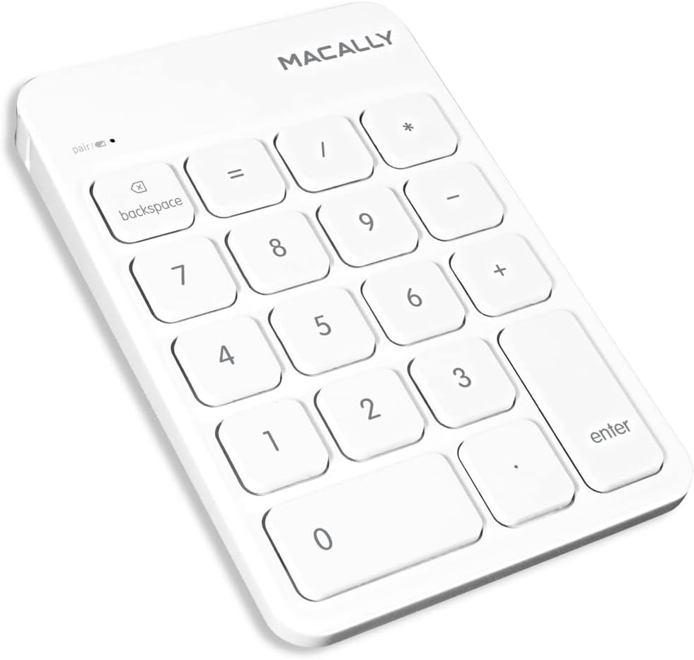 Macally Bluetooth Number Pad for Laptop, Apple, Mac, iMac, MacBook Pro/Air, Ipad, Windows PC, Tablet, or Desktop Computer - Rechargeable 18 Key Wireless Numeric Keypad - White Bluetooth 10 Key Numpad