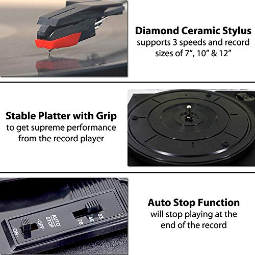 Image of CLAW Stag Superb Plus Vinyl Record Player 3 Speed Turntable with Built-in Stereo Speakers and USB Digital Conversion Software for PC (Black Wood)