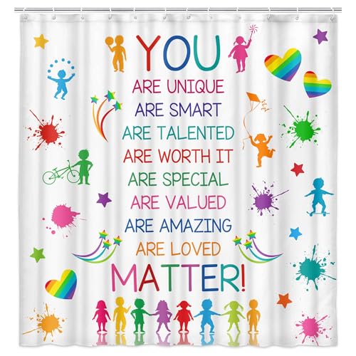 Image of Kids Educational Shower Curtain，Colorful Inspirational Quote Motivational Phrase Bath Curtain for Boy Girl Nursery, Positive Saying Waterproof Fabric Polyester Curtains with 12 Pack Hooks Plastic