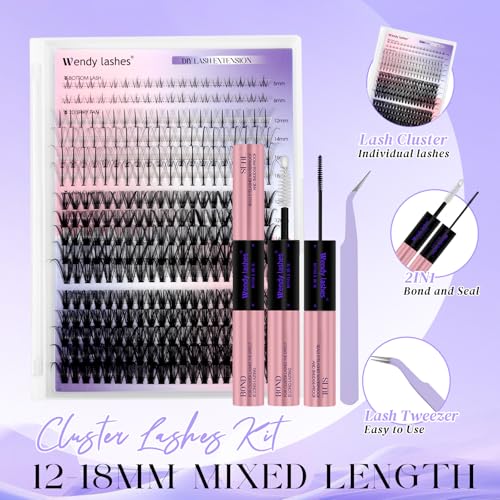Cluster Lashes Kit D Curl Individual Eyelashes 4 Styles 40D+50D+7D and Lower DIY 12-18mm Wispy Lash Clusters with Bond and Seal Tweezers(Manga-40+50)