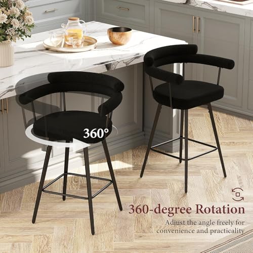 Image of STHOUYN 26 inch Black Swivel Bar Stools Set of 4, Modern Boucle Counter Height Bar Stools with High Back and Metal Legs, Upholstered Bar Chairs Barstools for Kitchen Island, Dining Room (4, Black)