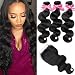 Brazilian Virgin Hair 3 Bundles With Closure Brazilian Body Wave 8A 100% Unprocessed Human Hair Bundles With Lace Closure Natural Black Color by YAVVE (16" 18" 20"+14"Closure)