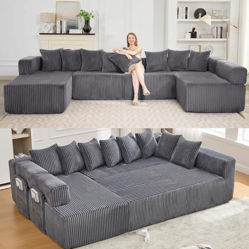 Image of Oversized Cloud Boneless Couch with Chaise, 146 inch Modern U Shape Modular Deep Seat Sectional Sofa, Comfy Corduroy Upholstered Couches for Living Room, No Assembly Required-Dark Grey