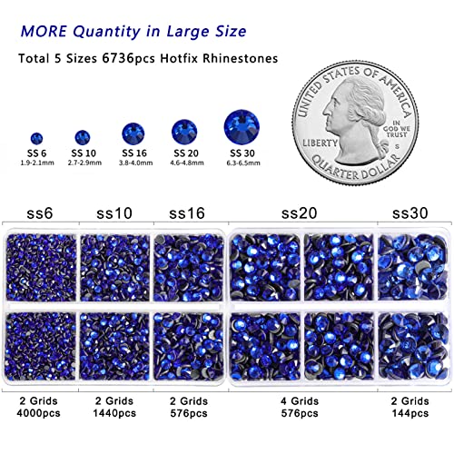 Image of 6736pcs Hotfix Rhinestones Flatback,Royal Blue Rhinestones for Crafts Clothes Mixed 5 Sizes, Hotfix Crystals with Tweezers and Wax Pencil Kit, SS6-SS30,Sapphire