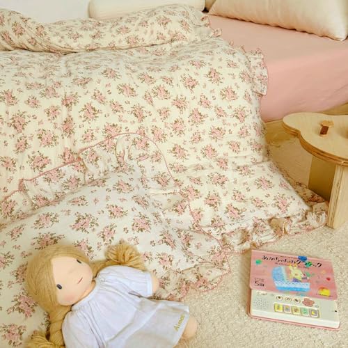 Image of BuLuTu Girls Toddler Kids Duvet Cover Pink Floral Chic Duvet Covers with Ruffles Muslin Cotton Soft Comforter Cover, 47 inchx59 inch, Soft Lightweight, Machine Wash, No Pillowcases /Comforter