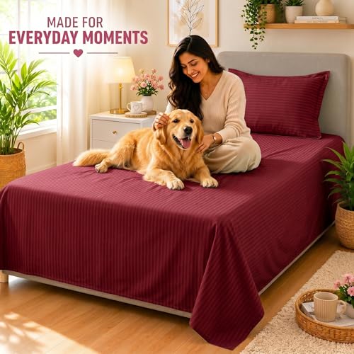 Image of Mafatlal Classic 210 TC 100% Cotton Single Bedsheet | 90 x 60 Inches | Soft & Comfortable Cotton Fabric | Elegant Italian Stripes Design | Breathable, Durable & Lightweight | Maroon