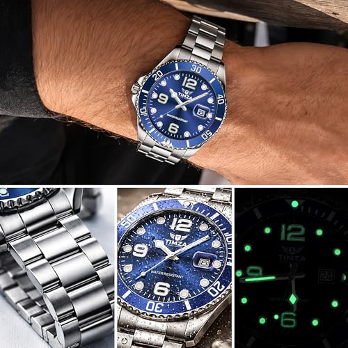 Image of Men's Analog Quartz Watch with Blue Dial, Stainless Steel Strap, Rotating Bezel, Luminous Hands and Water Resistant Design
