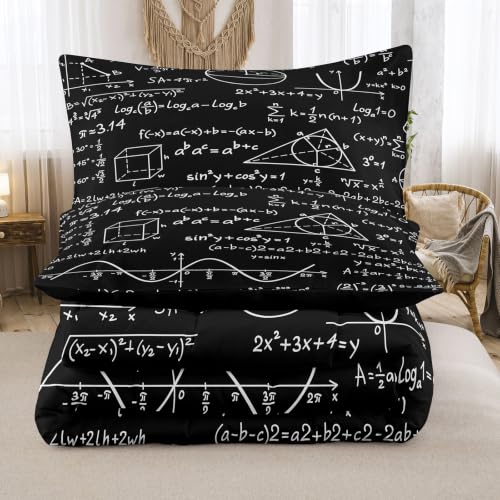 Image of NINENINE Math Formula Comforter Sets, Black Scientific Equation Formula Bedding 5PCS Queen Size Comforter Sets for Boys Teens (1Comforter, 1Flat Sheet, 1Fitted Sheet, 2Pillowcases)