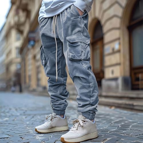 Men's Corduroy Cargo Pants Retro Workwear Loose Fit Elastic Waist Hiking Trousers with Multi-Pockets2