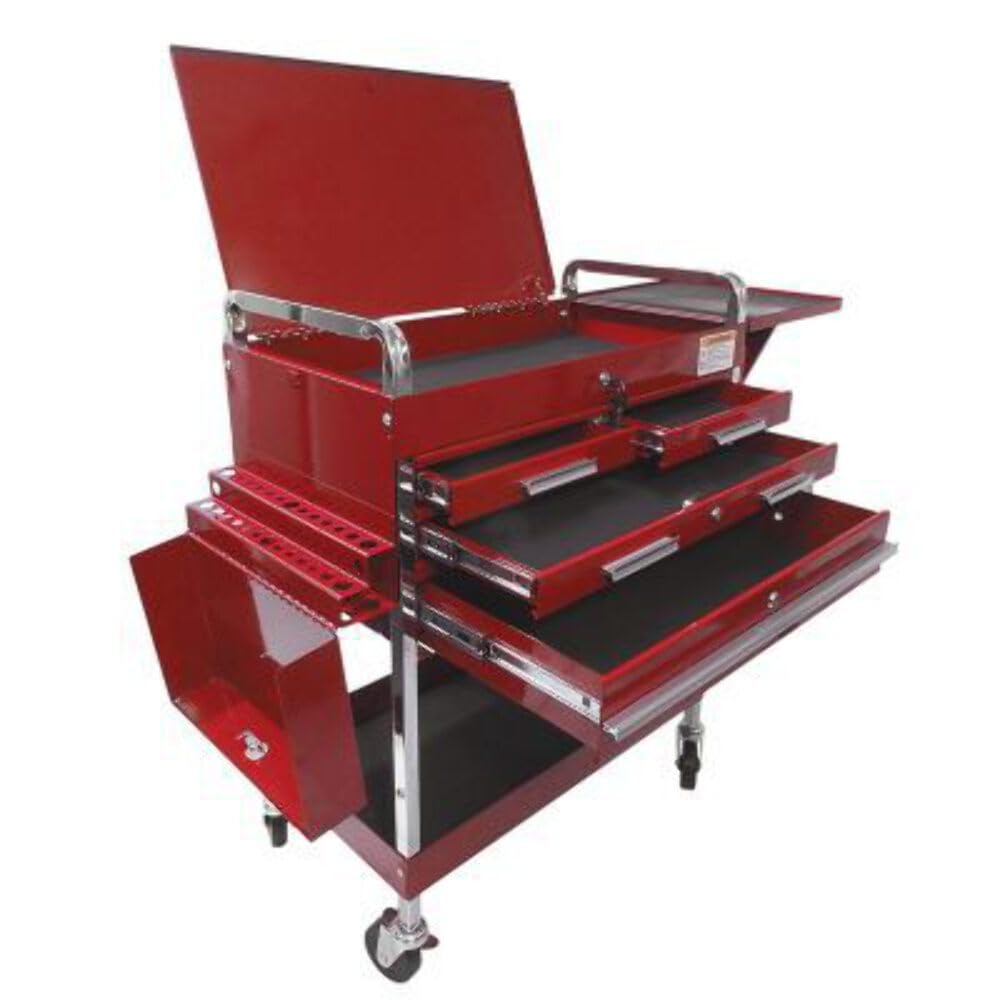 Sunex International 8013ADLX Service Cart with Locking Top and Locking Drawer - Red by Sunex Tools – 37.63"L x 16"W x 32.5"H, Alloy Steel, Red, Model 8013ADELUXE