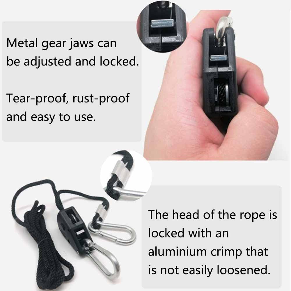 Confezione da 4 ganci a cricchetto, corda regolabile a cricchetto, 1/8 pollici, robusta clip per puleggia per gancio e tenda, portata 68 kg/150 lbs