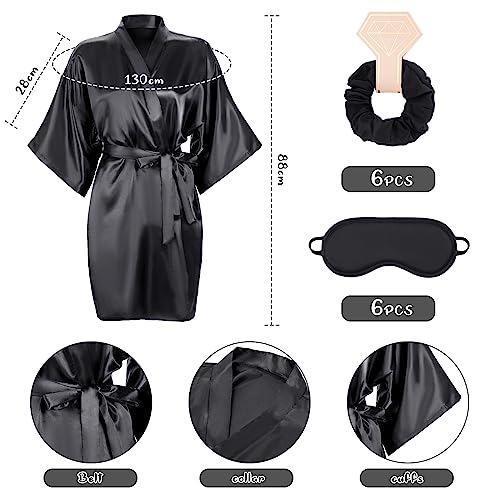Xtinmee 18 Bridesmaids Robes for Women Silk Satin Short Black Robe Set Bridal Party Spa Wedding Sleepwear Scrunchies Patch2