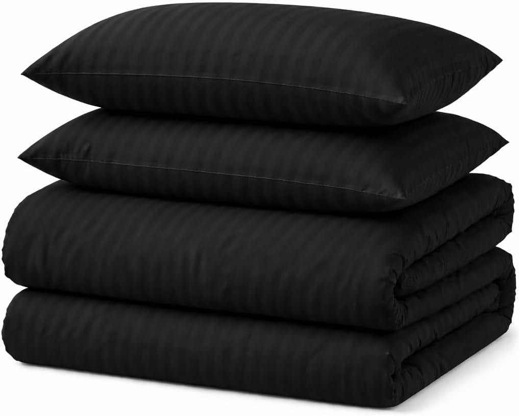Duvet Cover Set Stripe Microfibre Soft Bedding Set (Black, Single)