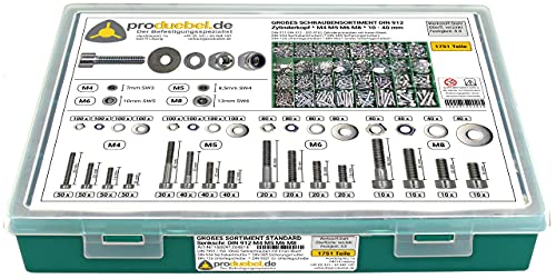 Großes Schrauben-Sortiment DIN 912 Zylinderkopf M4/M5/M6/M8 Stahl verzinkt 8.8 (DIN912+934+985+125+9021) 1751-tlg (Standard-Box)