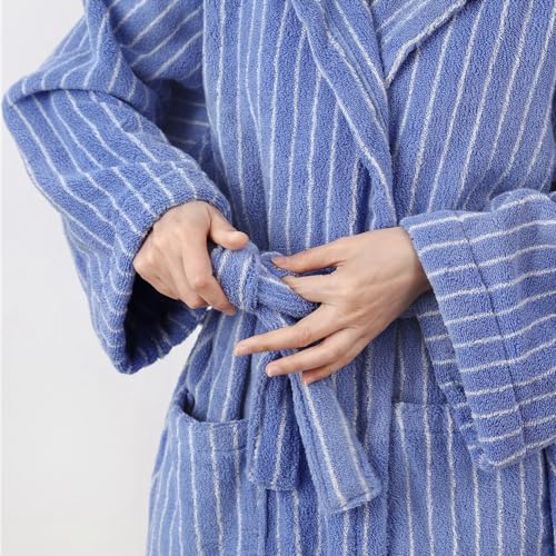 Coastal Striped Hooded BathRobe, Women Aesthetic 100% Cotton Robe, Unisex Luxury Soft Ultra Absorbent Spa Bath Robe2