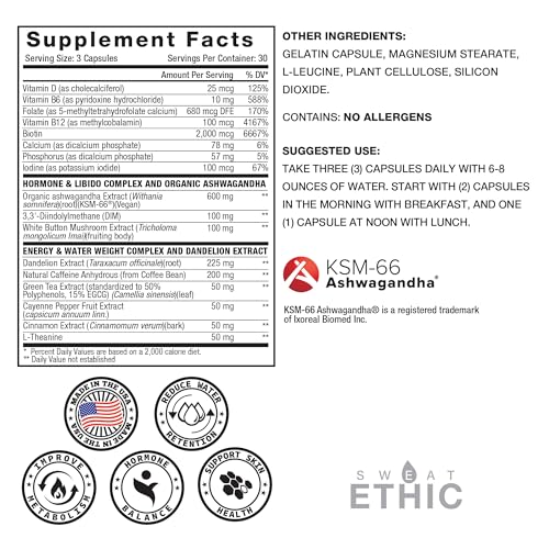 Image of Sweat Ethic Victress, Hormone Balance Support for Women with KSM-66 Ashwagandha, DIM, Biotin, Folic Acid, Dandelion Root, Cayenne Pepper & Vitamin D3, Daily Wellness Formula, 90 Easy to Take Capsules
