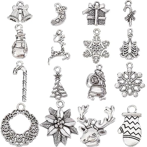 SUNNYCLUE 1 Box 64Pcs 16 Style Christmas Charm Bulk Silver Christmas Charm Tibetan Alloy Candy Snowflake Snowman Xmas Bell for jewellery Making DIY Necklace Bracelet