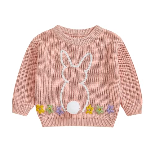 Toddler Baby Boy Girl Easter Sweater Bunny Carrot Embroidery Long Sleeve Chunky Knit Pullover Tops Infant Cute Spring Clothes (Flower Bunny Pink, 2-3 Years)
