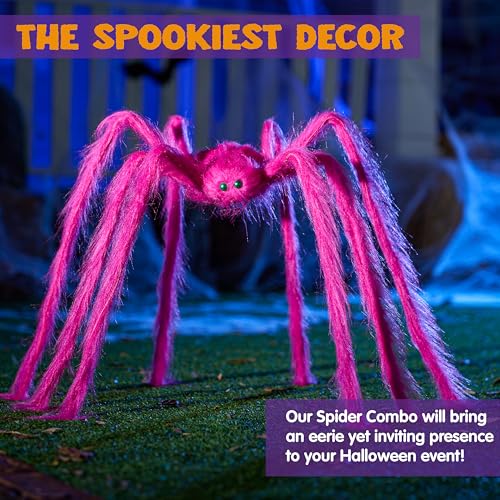Image of JOYIN Halloween Spider Decorations Outdoor, 5 Ft Giant Neon Colored Pink Spider with Green Eyes for Yard Lawn Garden Halloween Outside Decor, Indoor Haunted House Prop and Party Decor Home
