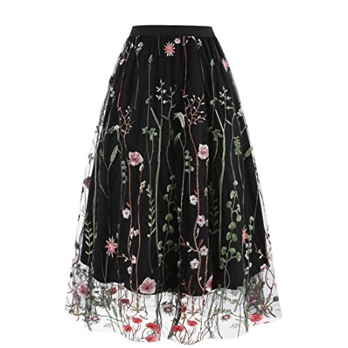 Wellwits Women's Floral Embroidery Mesh Vintage Midi Skirt2