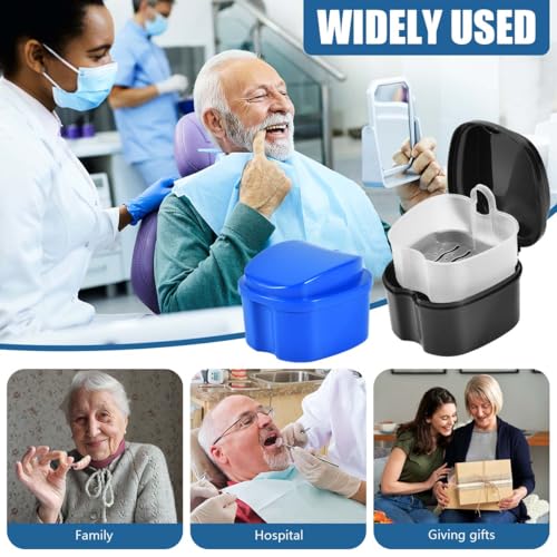 Image of KISEER 2 Pack Colors Denture Bath Case Cup Box Holder Storage Soak Container with Strainer Basket for Travel Cleaning (Blue and Black)