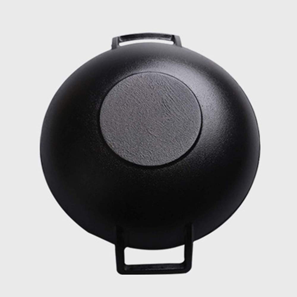 Padella wok in ghisa, atossica, con fondo piatto, con 2 manici e coperchio in legno, per stufe elettriche, a induzione e a gas, diametro 32 cm