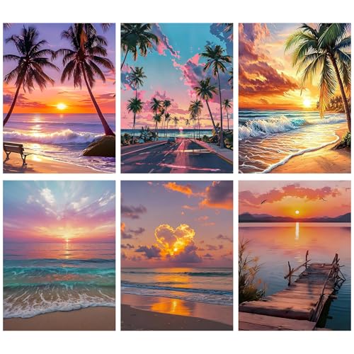 croshom Sunset Diamond Art Kits for Adults 6 Packs Beach Diamond Painting Kits for Adults Beginners 5D DIY Full Round Drill Gem Craft for Adult Gifts Home Wall Decor 12 x 16