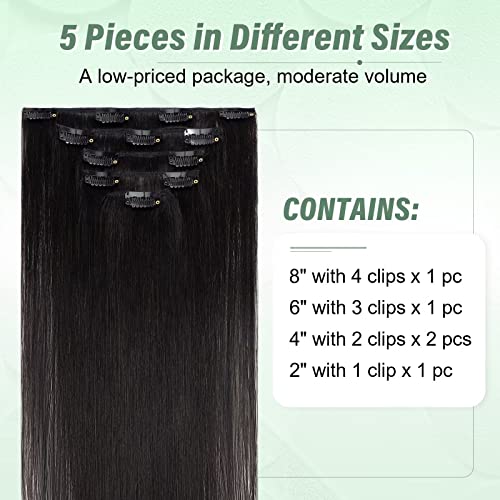 TESS Human Hair Extensions Clip in Real Hair Black Remy 5 Pieces Straight Natural Hairpieces for Women/Girls (#1B Natural Black - Image 2