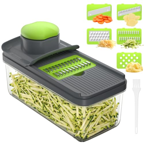 Mandolina per Verdure, Affetta Taglia Verdure Manuale, Mandolina Affettatrice Professionale con 5 Lame Intercambiabili per Cipolla Cetriolo Zucchine Carote（Verde）