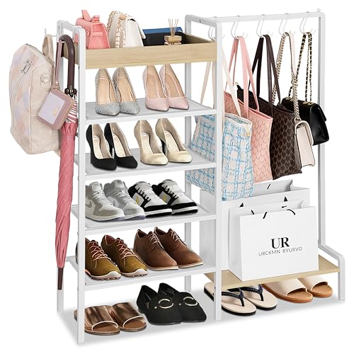 NauwaBarn 2-in-1 Shoe Rack for Closet with Purse Organizer, 5 Tier Shoes Shelf with Wooden Tray and...