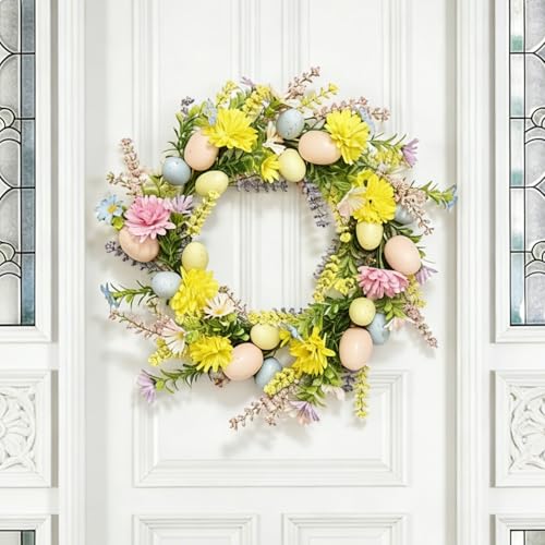 Coroa de Páscoa, coroa de ovos de Páscoa, coroa primavera artificial para interior e exterior, decoração de Páscoa para porta principal, entrada, pátio e parede