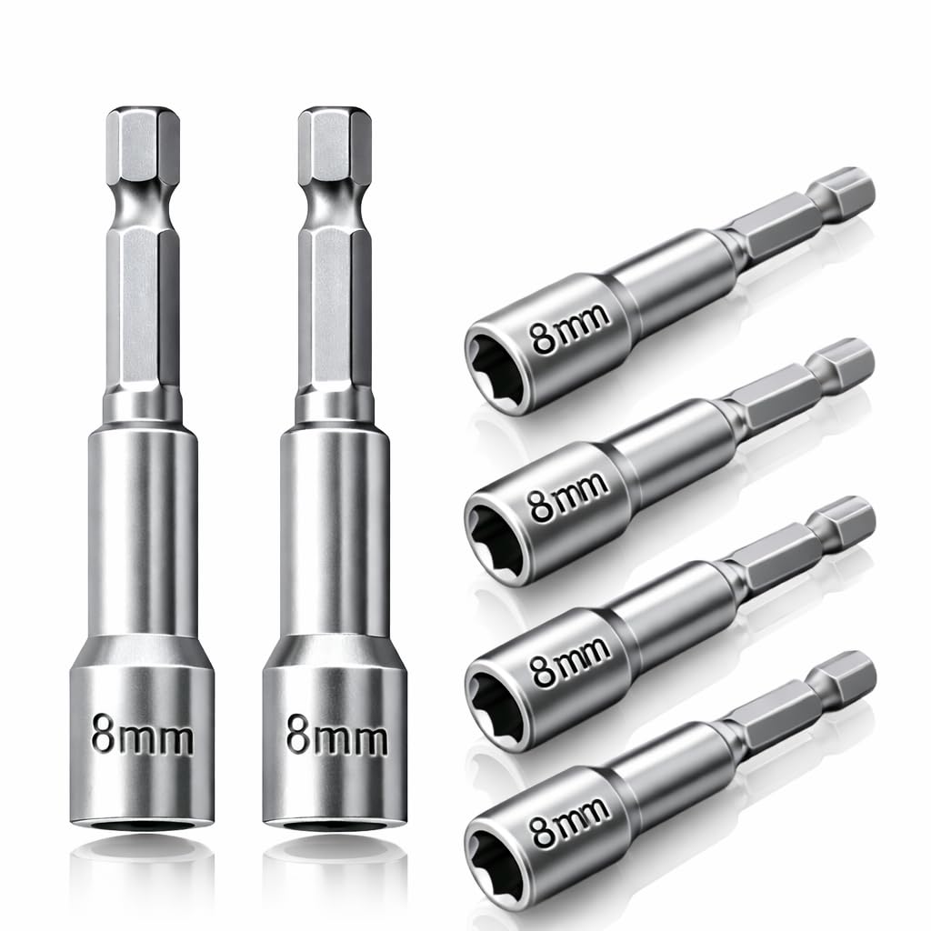 6PCS 1/4" Quick-Change Hex Shank, 8mm Magnetic Nut Driver Set, 65mm Long Magnetic Nut Driver 8mm Hex Drive Socket, Heavy-Duty Impact Bit for Drills and Impact Drivers for DIY and Repair