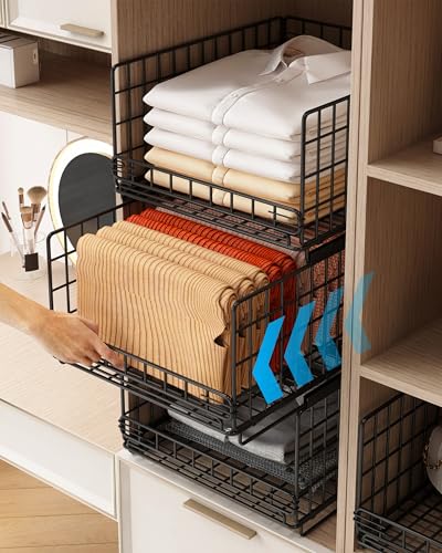 UMDONX 3 Pack Pull out Wardrobe Storage Organiser Drawer Stackable Clothes Basket Cupboard Cabinet Clothing Rack Inside Closet Wire Shelf (Durable Metal Black 20KG Load)