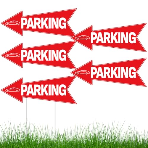 5pcs Arrow Parking Signs with Stake 14.4x5.5 Double Sided Outside Parking Sign Waterproof Corrugated Directional Parking Lot Sign for Outdoor Yard Street Garage Sale Wedding Party Guest Parking