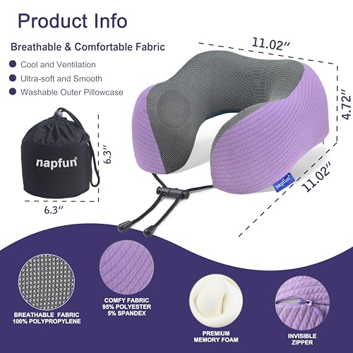 napfun Neck Pillow for Traveling, Upgraded Travel Neck Pillow for Airplane 100% Pure Memory Foam Travel Pillow for Flight Headrest Sleep, Portable Plane Accessories, Striped Light Purple Set