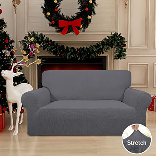 Image of Easy-Going Stretch Loveseat Slipcover 1-Piece Sofa Cover Furniture Protector Couch Soft with Elastic Bottom for Kids Polyester Spandex Jacquard Fabric Small Checks (Loveseat, Grey)
