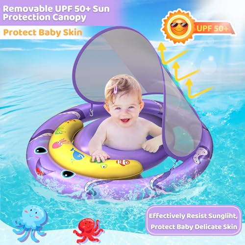 AnbQuik Baby Pool Float with Removable UPF50+ Sun Protection Canopy, Octopus Baby Swim Floats for 6-24 Months Infant, Extra Wide Dual Design, Adjustable & Breathable Seat