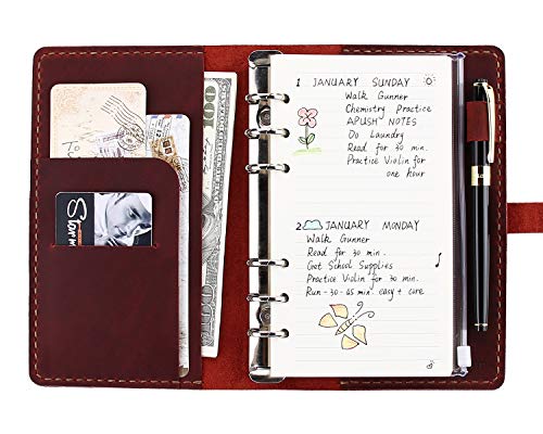 Genuine Leather Journal Writing Notebook A6 Ring Binder Refillable Diary Notepads Vintage Handmade Travel Organizer Agenda for Men Women - Wine