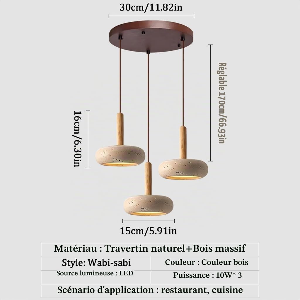 Suspension LED En Bois Lampe Suspendue Japonaise Wabi-Sabi Lustre À Trois Lumières Lampe Vintage Table À Manger Abat-jour Rond En Travertin Jaune Convient Pour Salle À Manger Cuisine Salon(A3)
