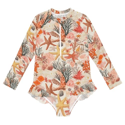 ALAZA Red Coral Reef Starfish Seashell Girls One Piece Swimsuit Long Sleeve Rash Guard Swimsuits UV 50+ Swimwear Zipper