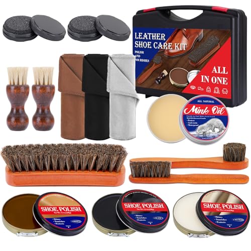 TUXIYA 15pcs Shoe Shine Kit, Shoe Polish Kit, Leather Boot Care Kit, with Horsehair Brush&Wooden Applicator – Portable Travel Shoe Polish Kit for Brown/Black/Neutral Shoes