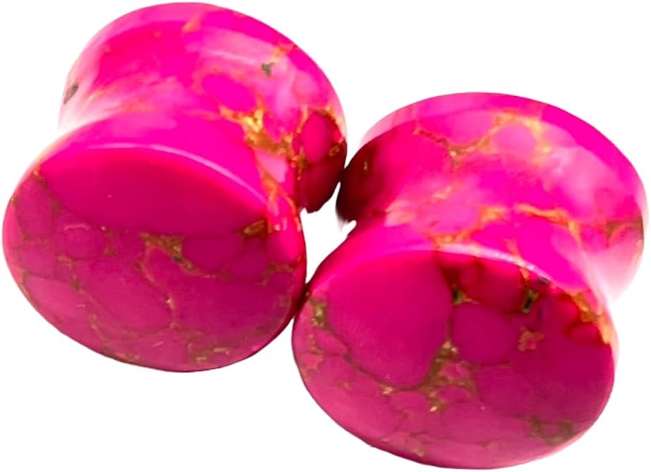 Pink Turquoise Copper Veining Stone Double Flared Ear Plugs – Handmade Stone Gauges, Tribal Body Piercing Jewelry for Stretched Ears