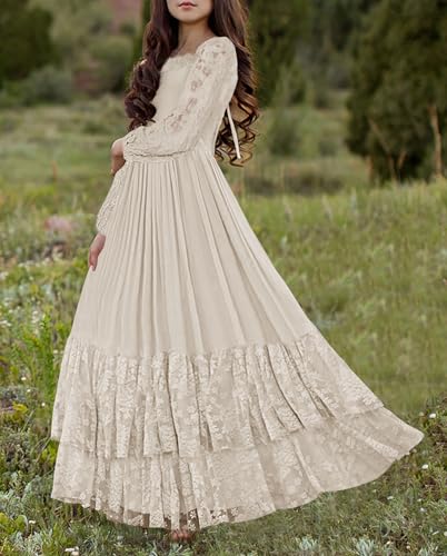 MITILLY Girls Boho Long Sleeve Backless Lace Flower Square Neck Tiered Ruffle Swing Party Maxi Dress2