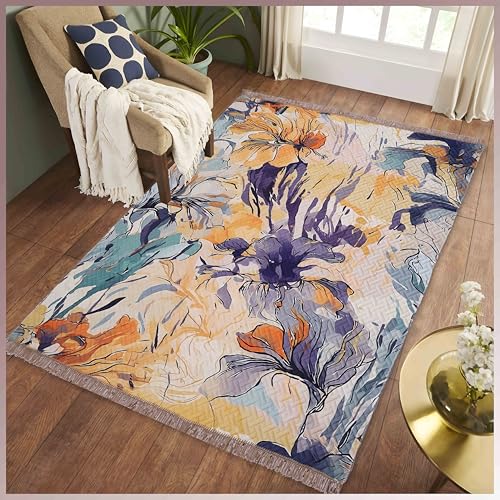 Image of Sparrow World Holland Velvet Quilted Printed Foam Padded Carpet - Premium Home Decor Rug for Living Room, Bedroom, Kitchen, Drawing Room, Hall, Guest Room (5 x 7 Feet) (Multi-Flower)