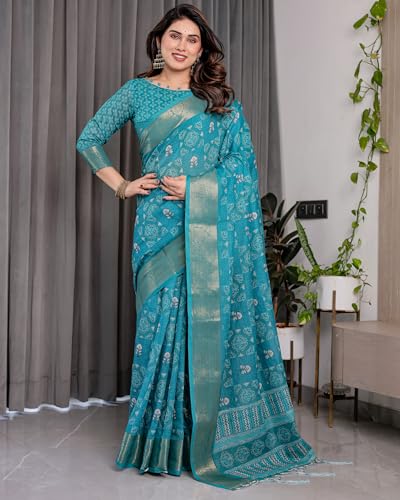 Image of ALMAARI FASHION Handloom Cotton Linen Saree for Women with Floral Printed Design and Tassel Pallu, Traditional Ethnic Lightweight Saree for Daily Office Festive with Blouse Piece